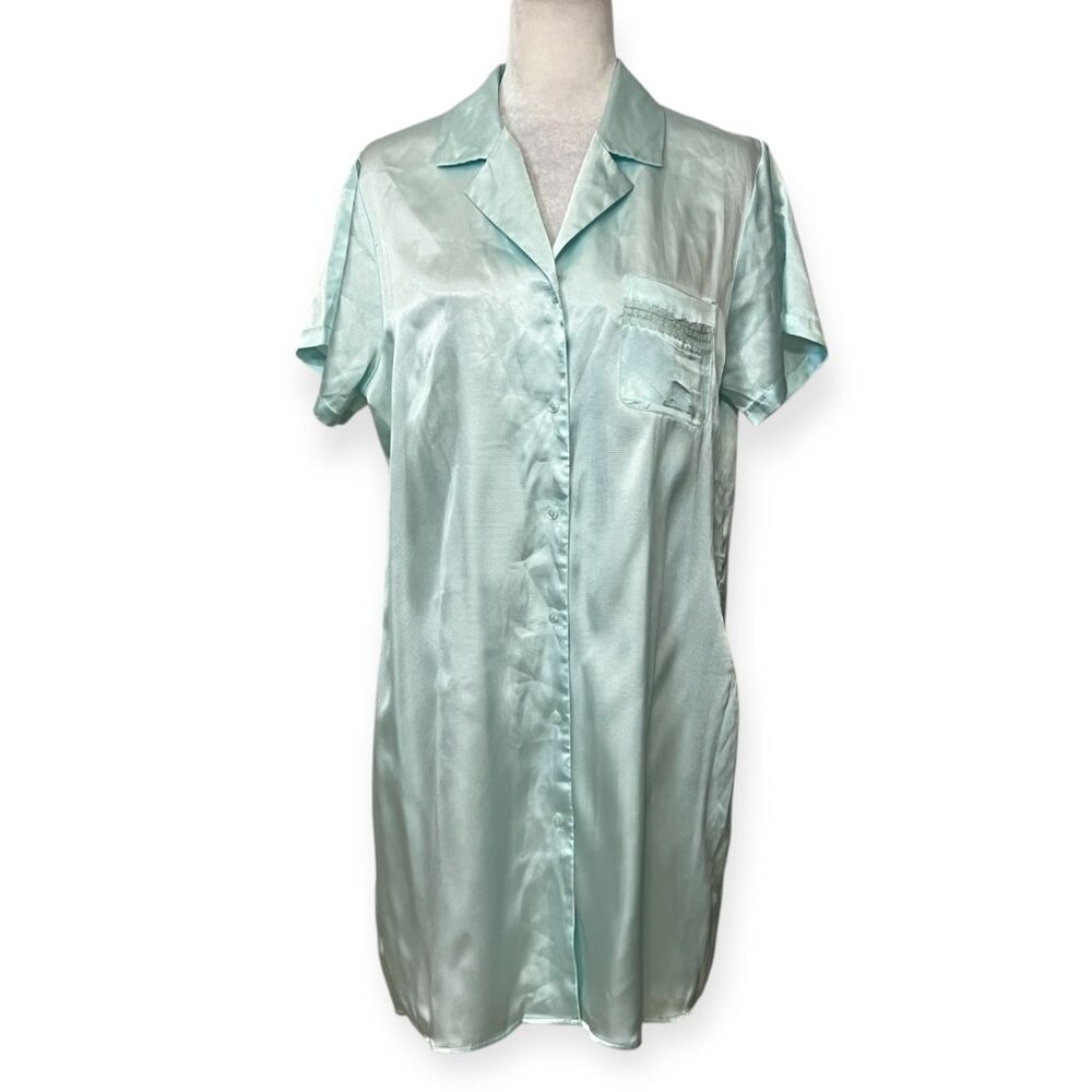 Adonna Satin Sleep Shirt Women's L Mint Green Button Front Nightgown Pajama